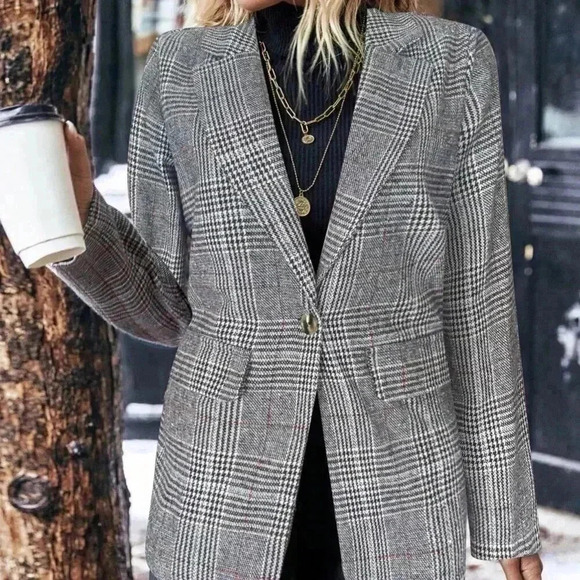 Chocolate Brown Casual Women's Plaid Print Elegant Long Sleeve Blazer - Picture 4 of 4